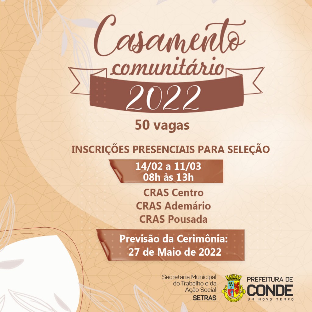 CONDE ABRE 50 VAGAS PARA SELEÇÃO DE CASAIS PARA CASAMENTO COMUNITÁRIO