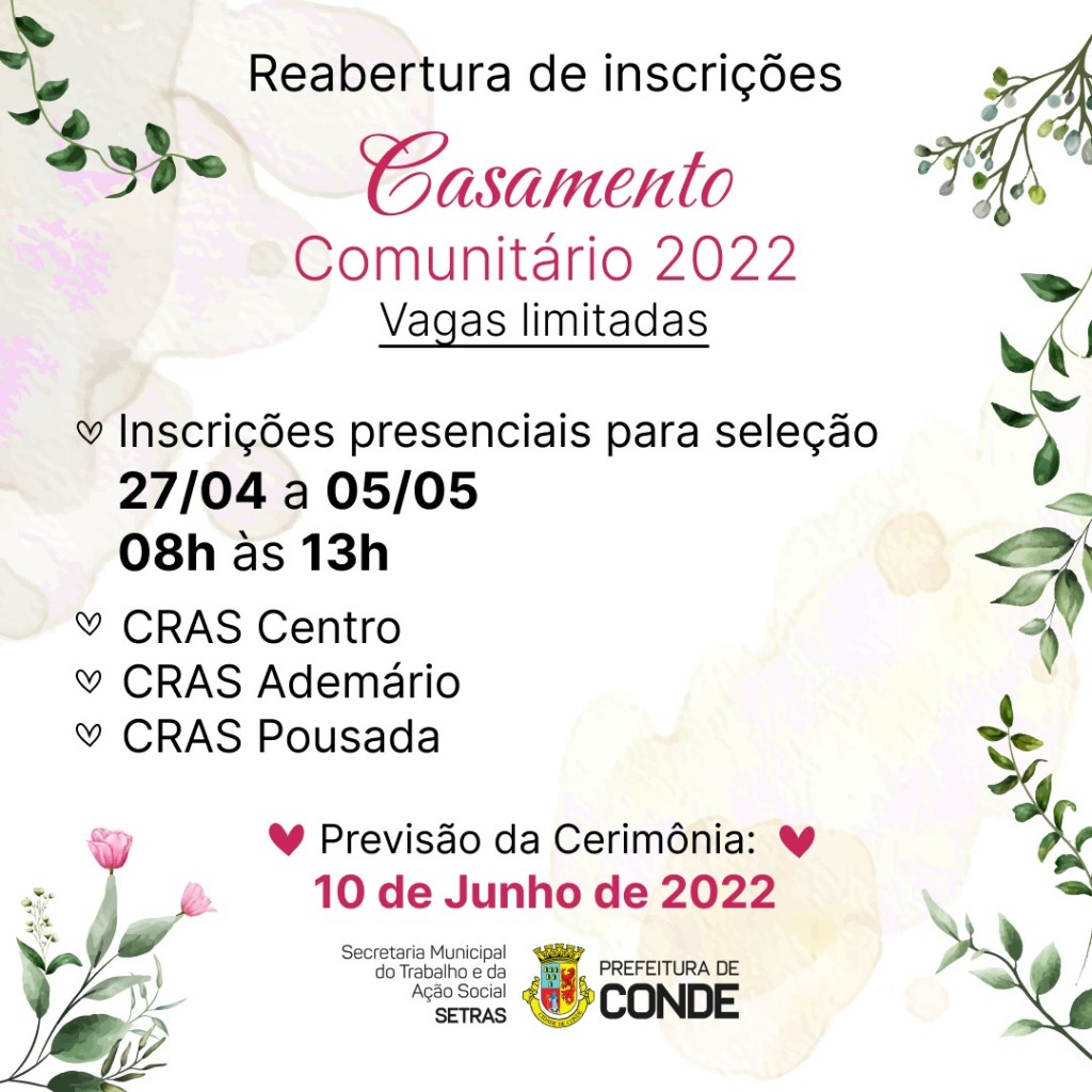 Conde prorroga o prazo de inscrição para o casamento comunitário
