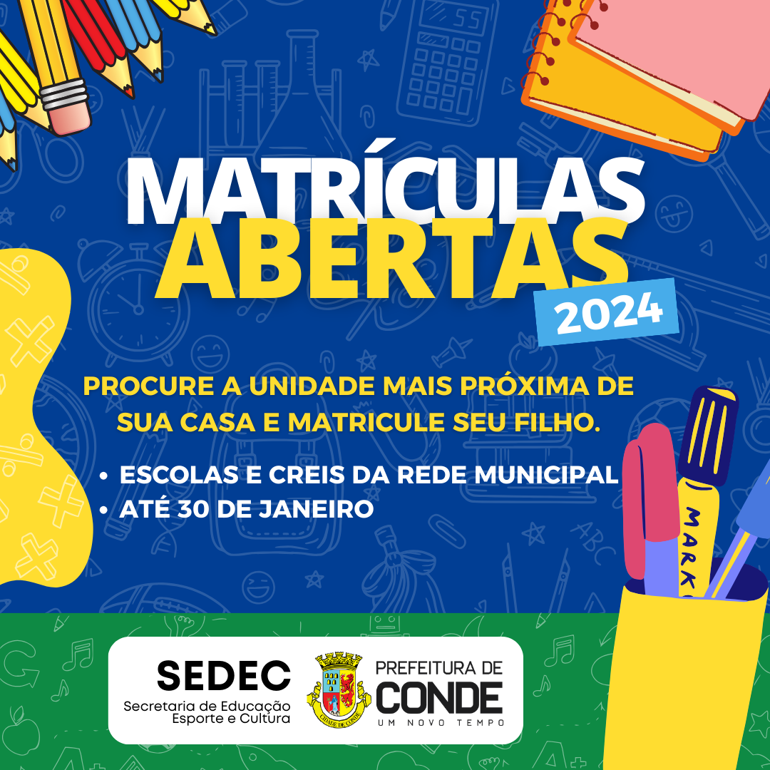 Rede Municipal de Ensino de Conde está com matrículas abertas até o dia 30 de janeiro