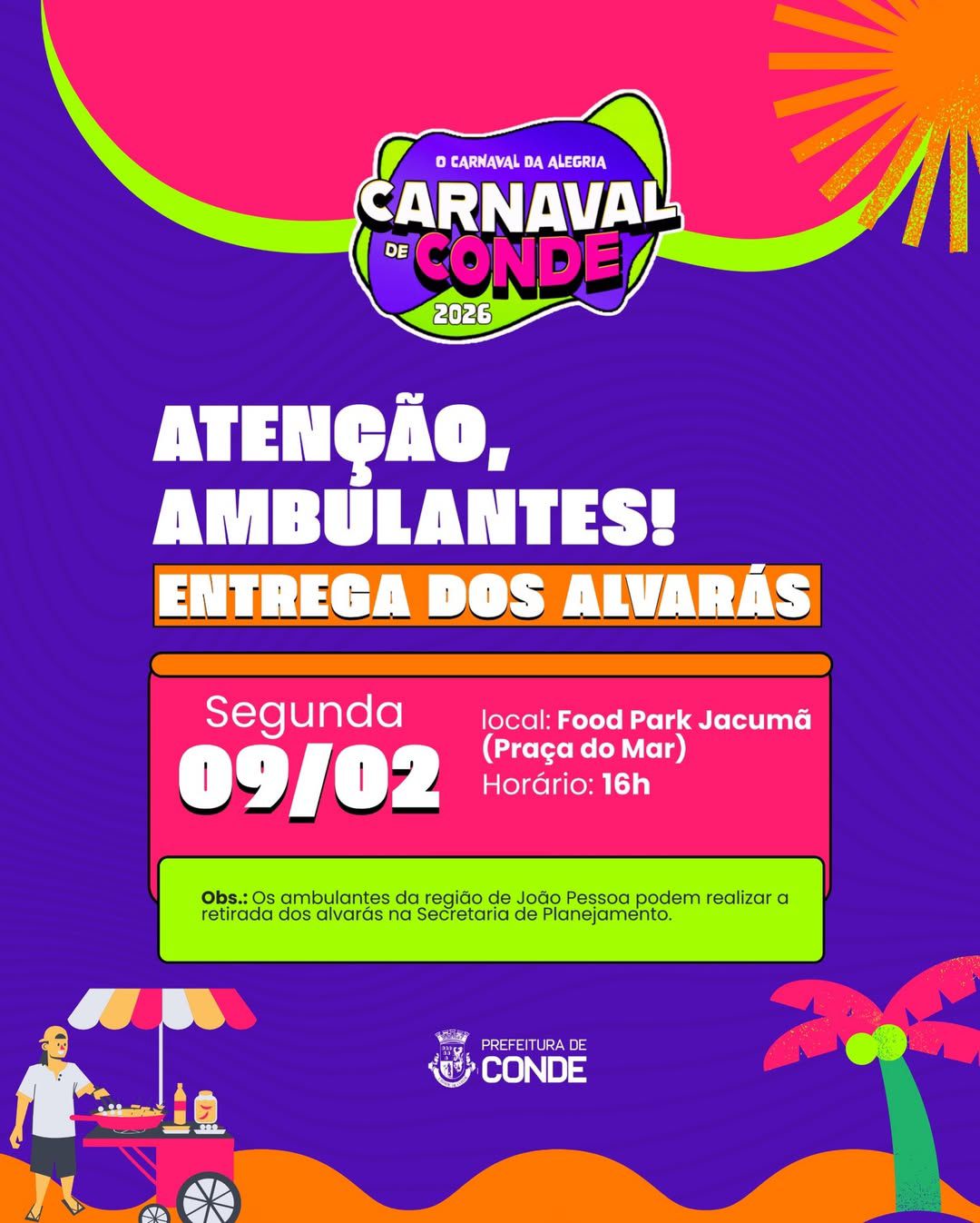 Carnaval de Conde 2026: entrega dos alvarás para ambulantes acontece nesta segunda (9)