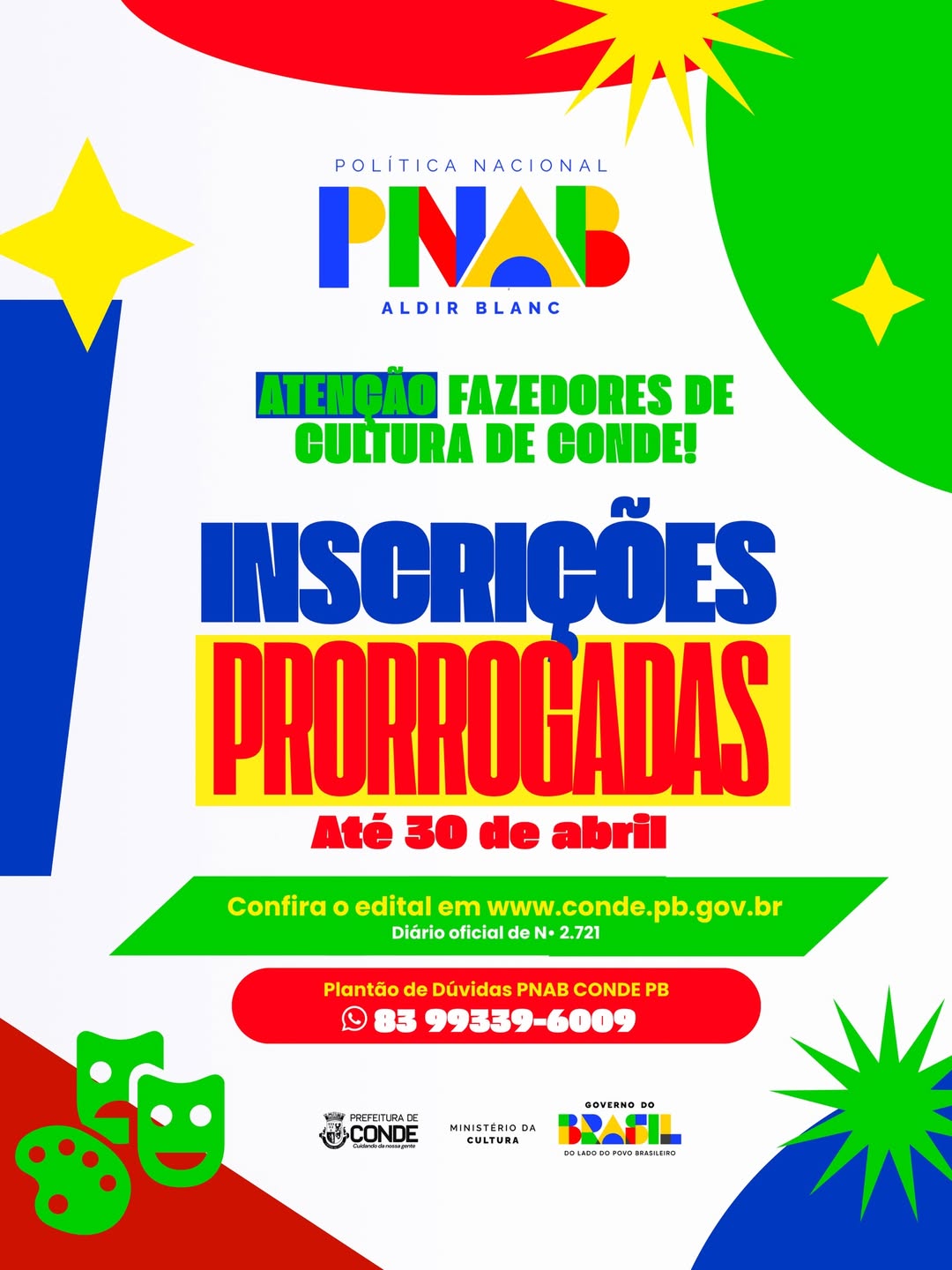 Prefeitura de Conde amplia prazo de inscrições para editais da Lei Aldir Blanc (PNAB)