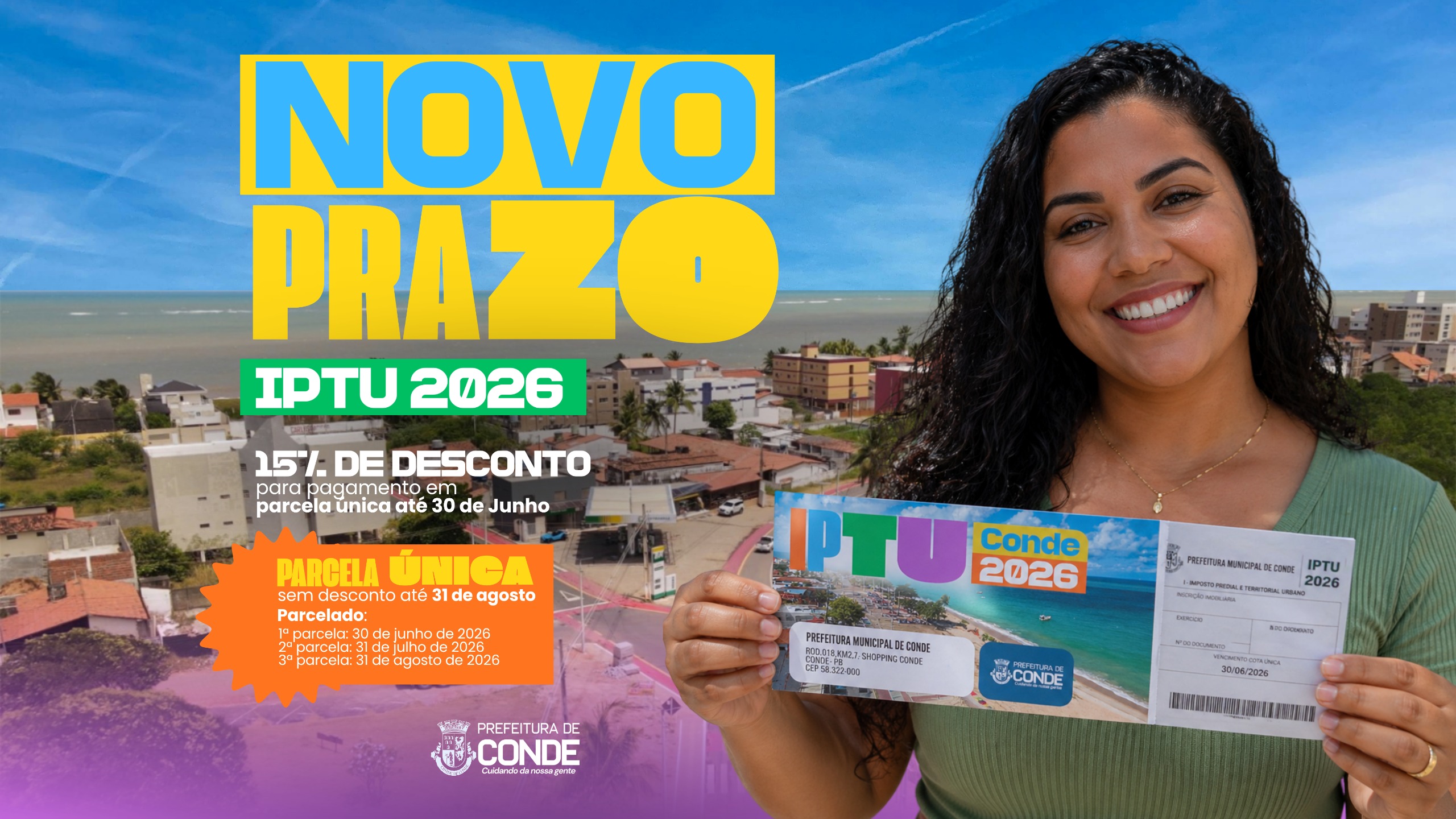 Prefeitura de Conde prorroga prazos do IPTU 2026 e facilita pagamento para contribuintes